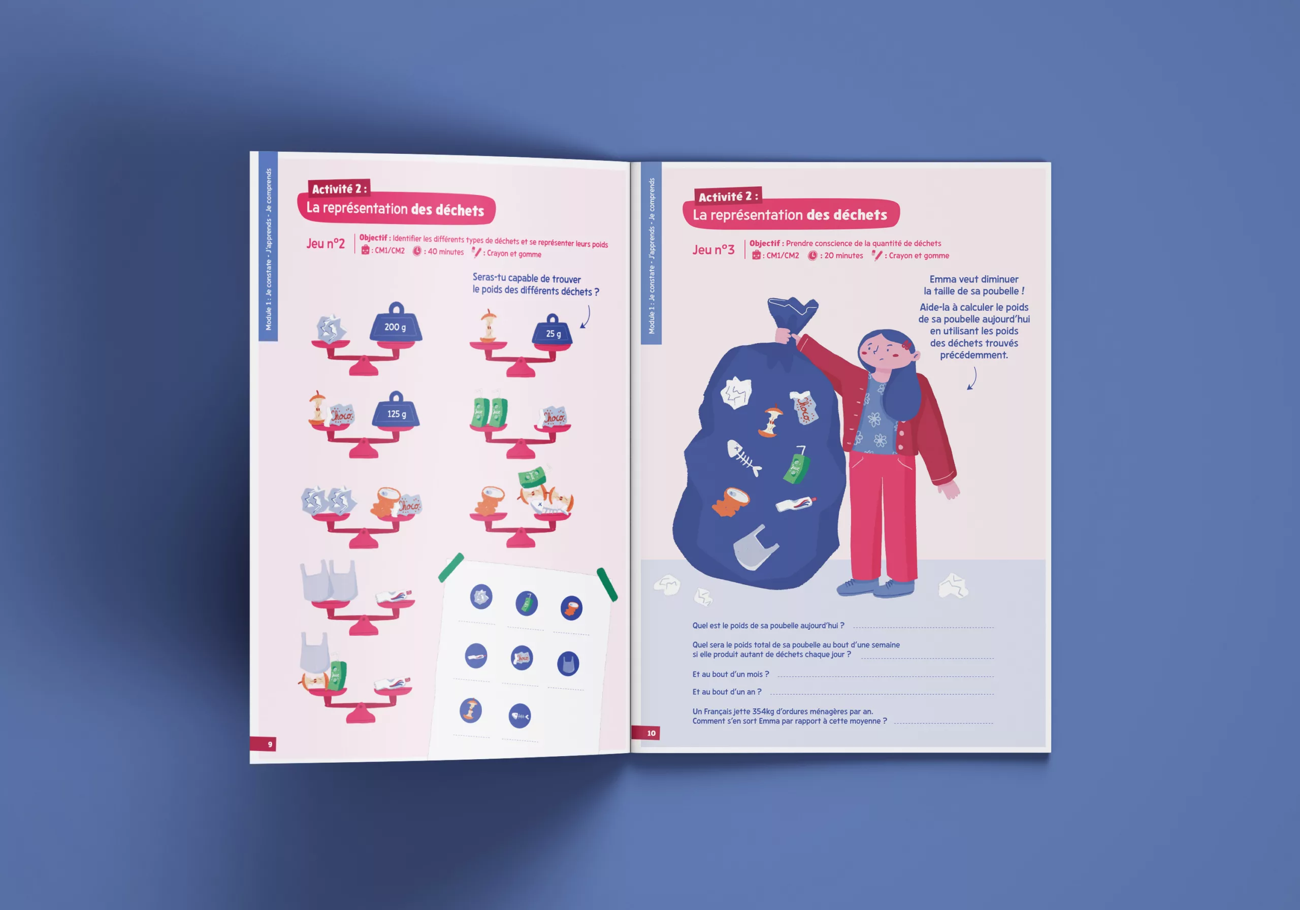 Double page d'un livret de jeux pour les enfants pour le réseau vrac et reemploi
